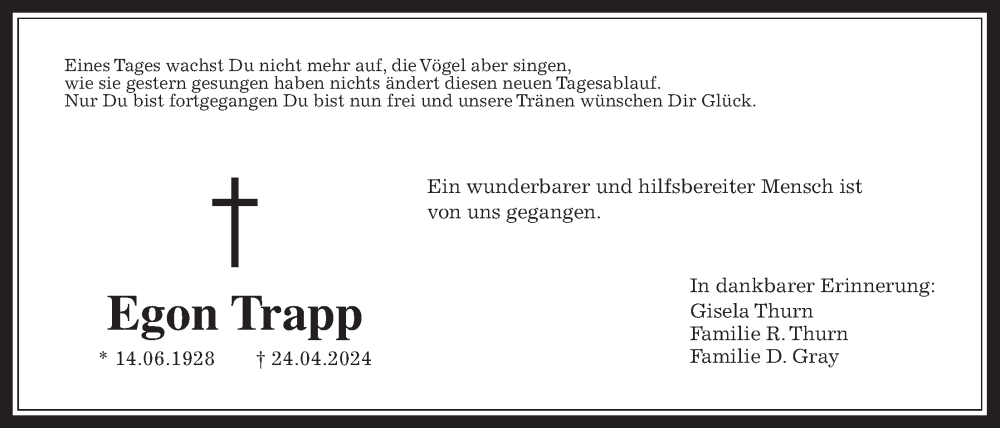  Traueranzeige für Egon Trapp vom 10.05.2024 aus Allendorfer Mitteilungen