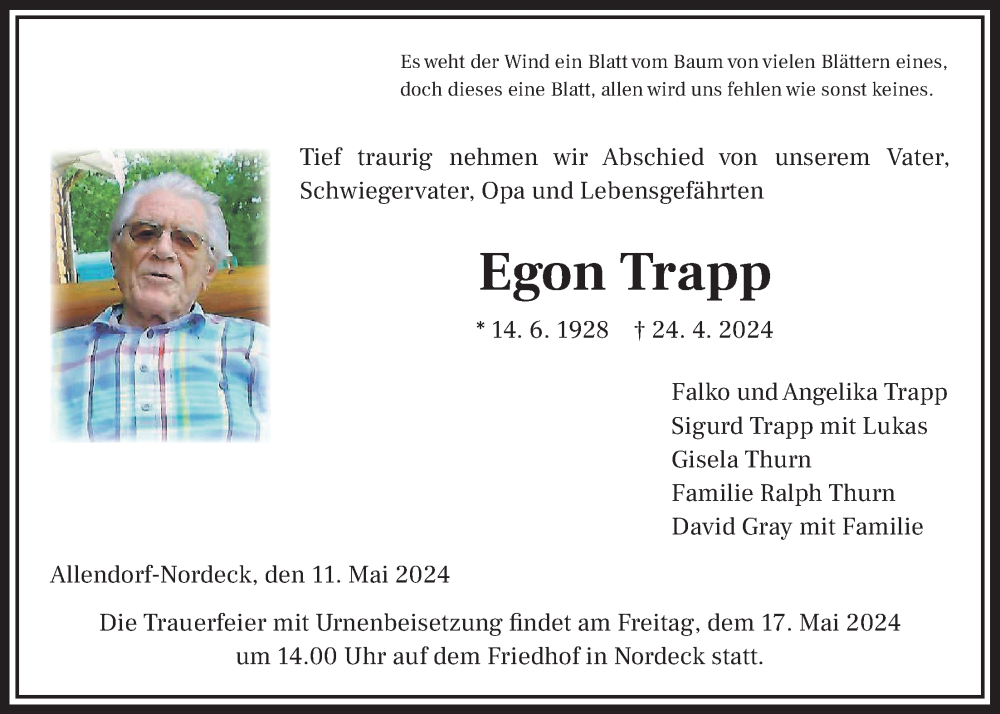  Traueranzeige für Egon Trapp vom 11.05.2024 aus Giessener Allgemeine, Alsfelder Allgemeine