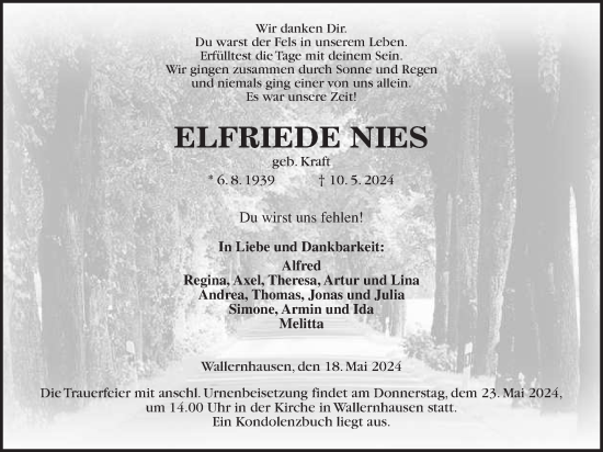 Traueranzeige von Elfriede Nies von Kreis-Anzeiger