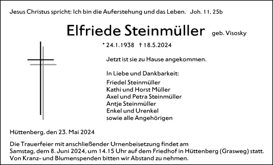 Traueranzeige von Elfriede Steinmüller von Giessener Allgemeine, Alsfelder Allgemeine