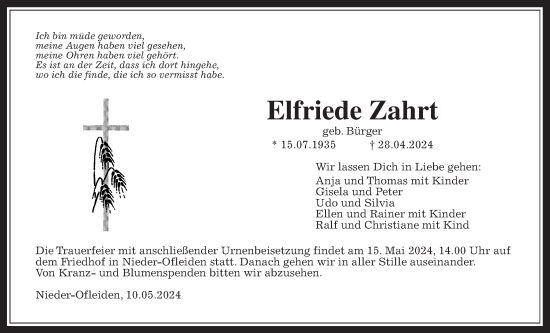 Traueranzeige von Elfriede Zahrt von Oberhessische Zeitung, Alsfelder Allgemeine