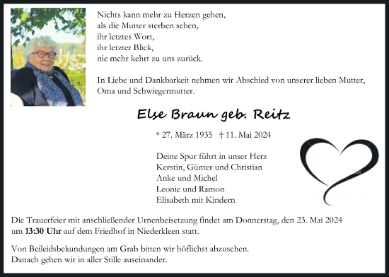 Traueranzeige von Else Braun von Butzbacher Zeitung