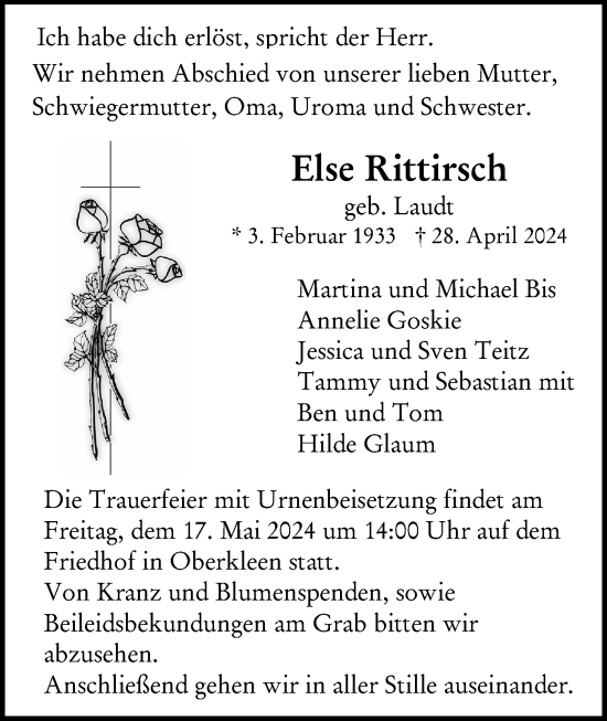Traueranzeige von Else Rittirsch von Butzbacher Zeitung