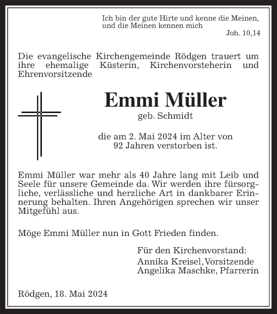 Traueranzeige von Emmi Müller von Giessener Allgemeine, Alsfelder Allgemeine, Giessener Anzeiger