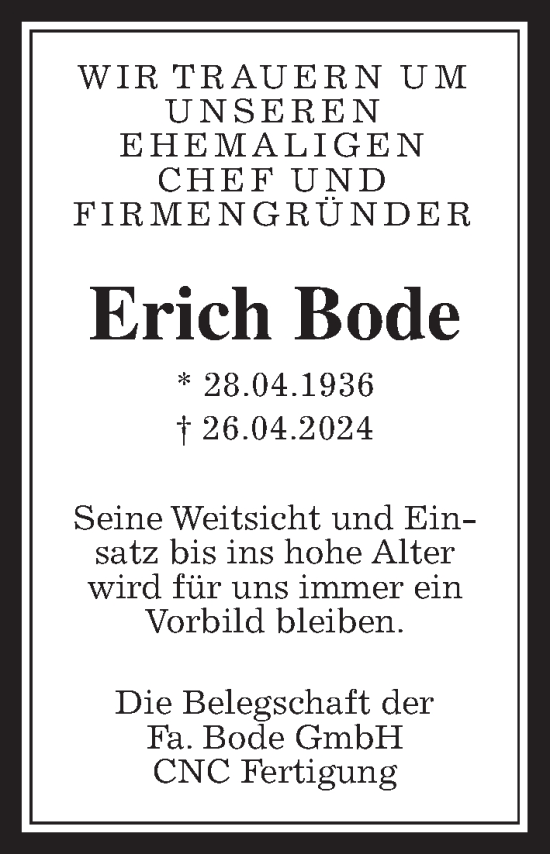 Traueranzeige von Erich Bode von Wetterauer Zeitung, Kreis-Anzeiger