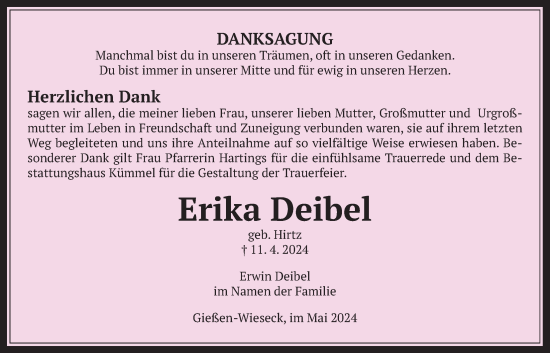 Traueranzeige von Erika Deibel von Giessener Anzeiger