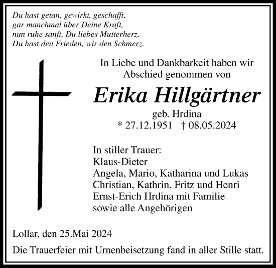 Traueranzeige von Erika Hillgärtner von Giessener Anzeiger, Giessener Allgemeine, Alsfelder Allgemeine