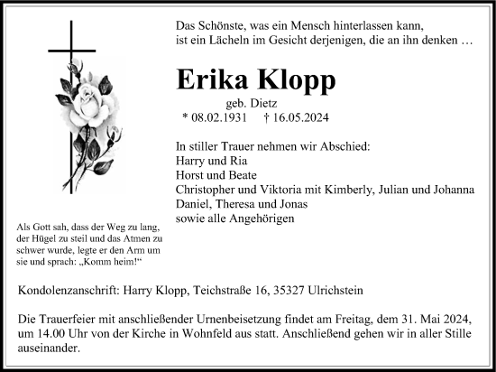 Traueranzeige von Erika Klopp von Alsfelder Allgemeine, Oberhessische Zeitung, Lauterbacher Anzeiger, Giessener Allgemeine