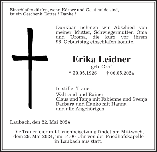 Traueranzeige von Erika Leidner von Laubacher Anzeiger