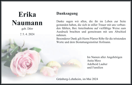 Traueranzeige von Erika Naumann von Giessener Allgemeine, Alsfelder Allgemeine