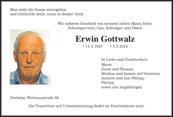 Traueranzeige von Erwin Gottwalz von Wetterauer Zeitung