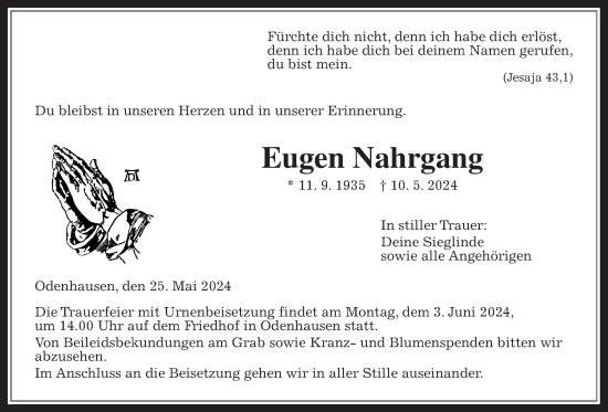 Traueranzeige von Eugen Nahrgang von Giessener Allgemeine, Alsfelder Allgemeine
