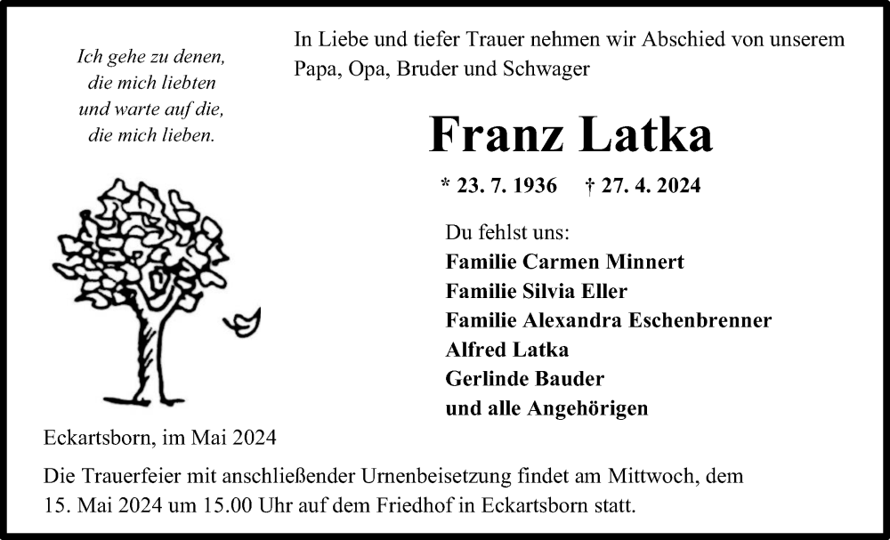  Traueranzeige für Franz Latka vom 11.05.2024 aus Kreis-Anzeiger