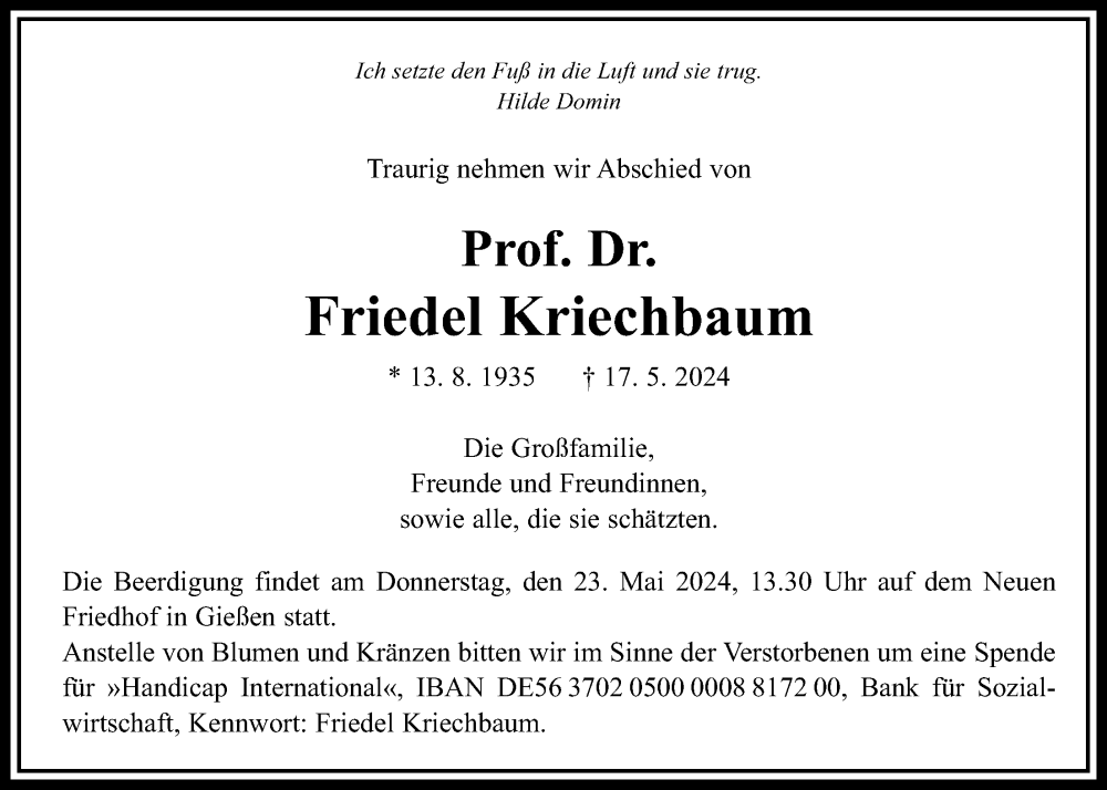  Traueranzeige für Friedel Kriechbaum vom 18.05.2024 aus Giessener Allgemeine, Alsfelder Allgemeine, Giessener Anzeiger