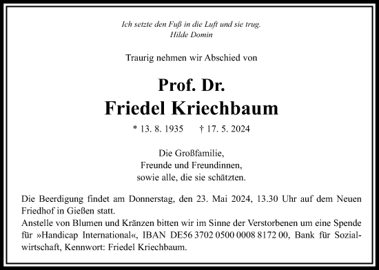 Traueranzeige von Friedel Kriechbaum von Giessener Allgemeine, Alsfelder Allgemeine, Giessener Anzeiger