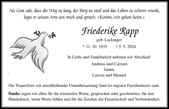 Traueranzeige von Friederike Rapp von Butzbacher Zeitung