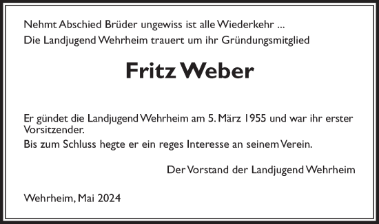 Traueranzeige von Fritz Weber von Usinger Anzeiger