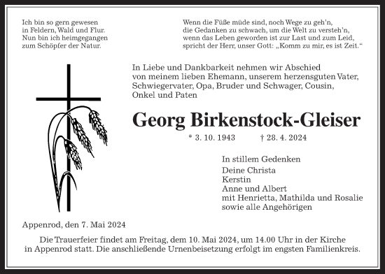 Traueranzeige von Georg Birkenstock-Gleiser von Oberhessische Zeitung, Alsfelder Allgemeine