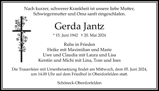 Traueranzeige von Gerda Jantz von Bad Vilbel/Karben