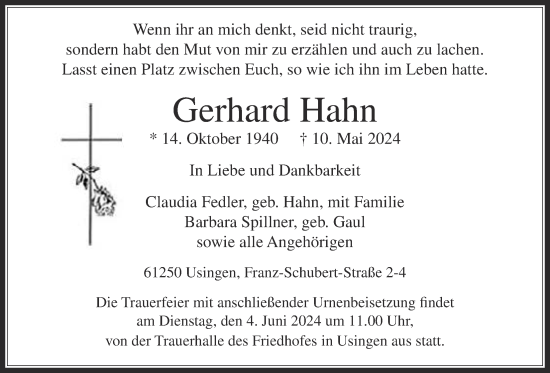 Traueranzeige von Gerhard Hahn von Usinger Anzeiger