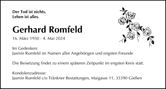 Traueranzeige von Gerhard Romfeld von Giessener Allgemeine, Alsfelder Allgemeine, Giessener Anzeiger