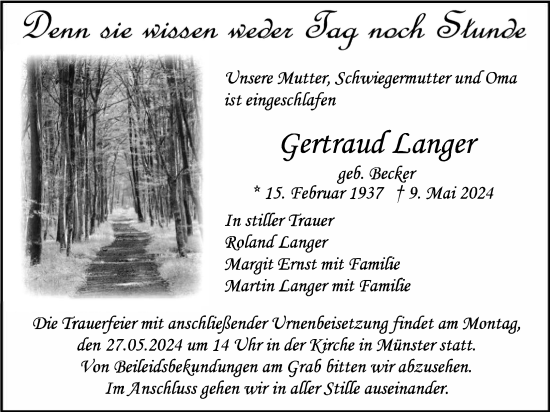 Traueranzeige von Gertraud Langer von Butzbacher Zeitung