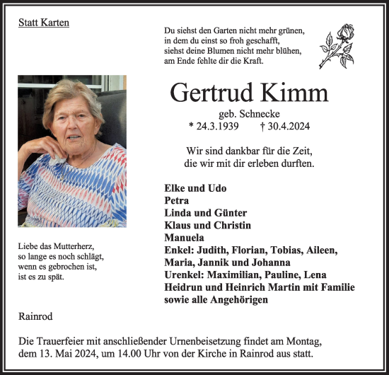 Traueranzeige von Getrud Kimm von Oberhessische Zeitung, 