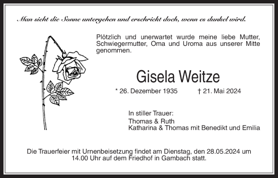 Traueranzeige von Gisela Weitze von Butzbacher Zeitung