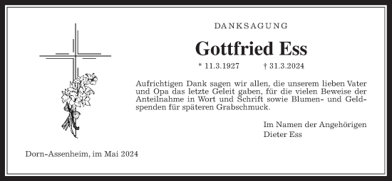 Traueranzeige von Gottfried Ess von Wetterauer Zeitung, Giessener Allgemeine, Alsfelder Allgemeine