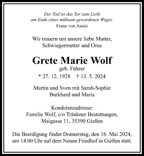Traueranzeige von Grete Wolf von Giessener Allgemeine, Alsfelder Allgemeine, Giessener Anzeiger