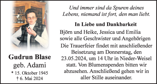 Traueranzeige von Gudrun Blase von Butzbacher Zeitung