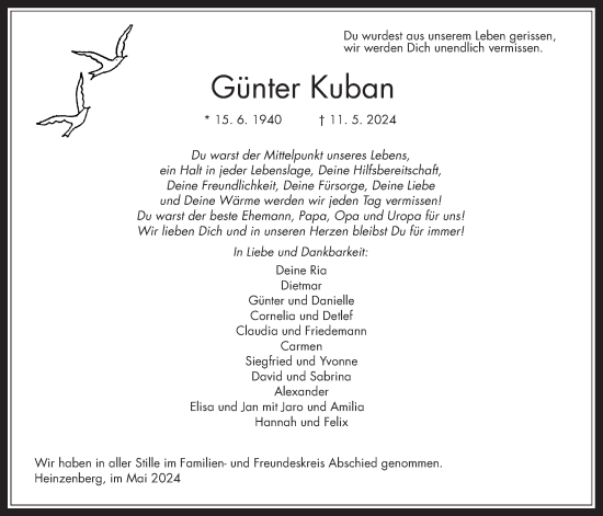 Traueranzeige von Günter Kuban von Usinger Anzeiger