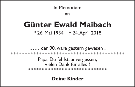 Traueranzeige von Günter Ewald Maibach von Usinger Anzeiger