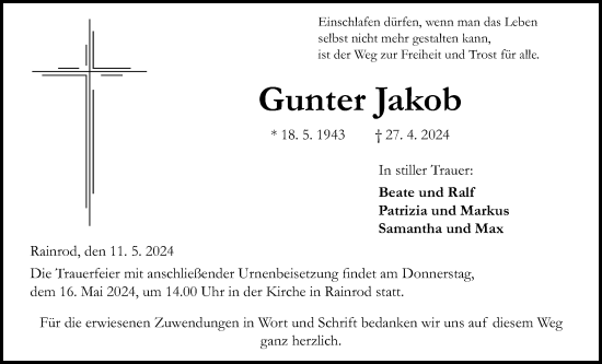 Traueranzeige von Gunter Jakob von Kreis-Anzeiger