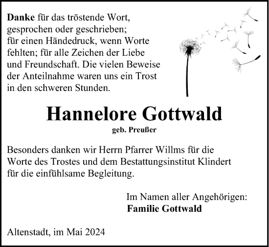 Traueranzeige von Hannelore Gottwald von Kreis-Anzeiger