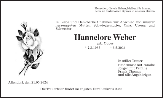 Traueranzeige von Hannelore Weber von Giessener Allgemeine, Alsfelder Allgemeine