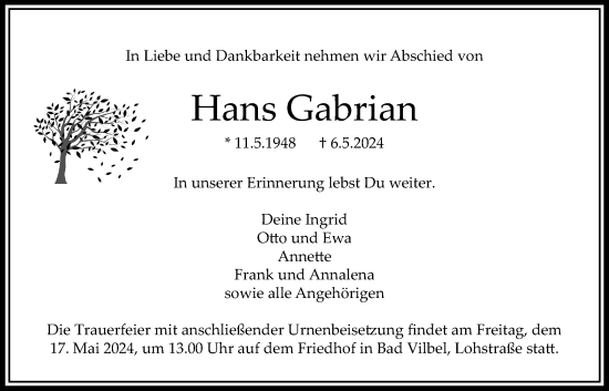 Traueranzeige von Hans Gabrian von Bad Vilbel/Karben