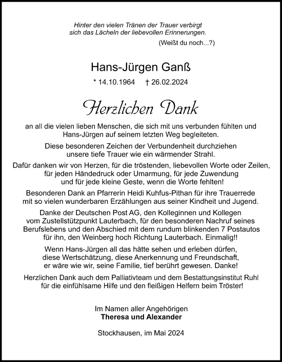 Traueranzeige von Hans-Jürgen Ganß von Lauterbacher Anzeiger
