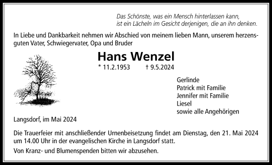 Traueranzeige von Hans Wenzel von Licher Wochenblatt