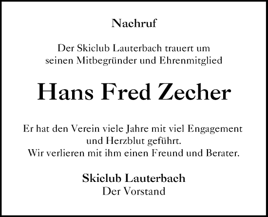 Traueranzeige von Hans Fred Zecher von Lauterbacher Anzeiger
