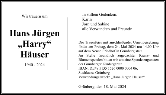 Traueranzeige von Hans Jürgen Häuser von Giessener Allgemeine, Alsfelder Allgemeine, Giessener Anzeiger