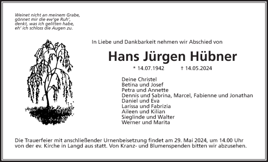 Traueranzeige von Hans Jürgen Hübner von Licher Wochenblatt