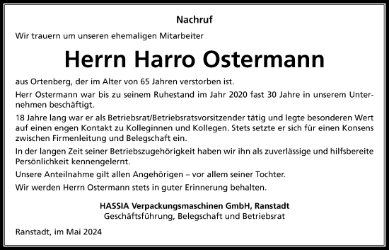 Traueranzeige von Harro Ostermann von Kreis-Anzeiger
