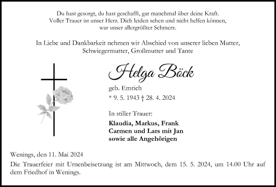 Traueranzeige von Helga Böck von Kreis-Anzeiger