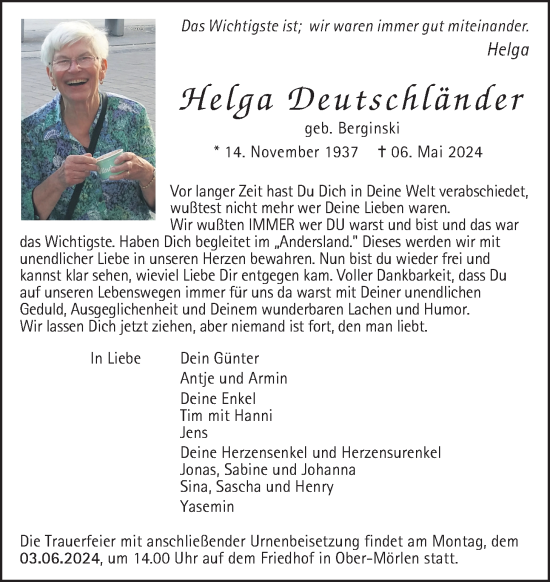 Traueranzeige von Helga Deutschländer von Wetterauer Zeitung