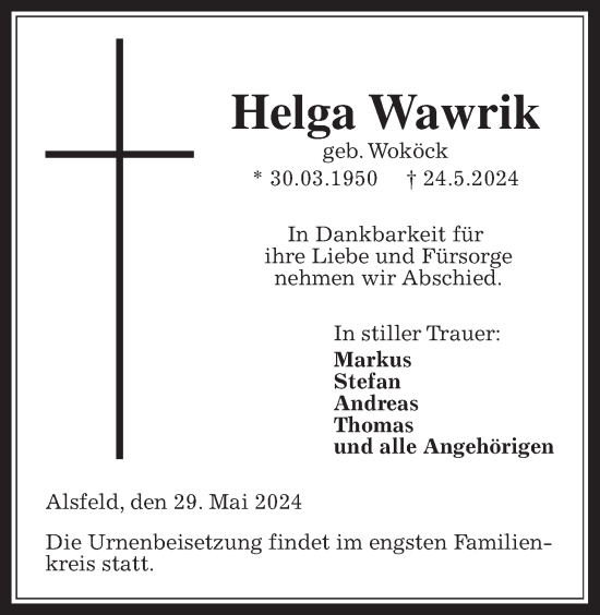 Traueranzeige von Helga Wawrik von Oberhessische Zeitung