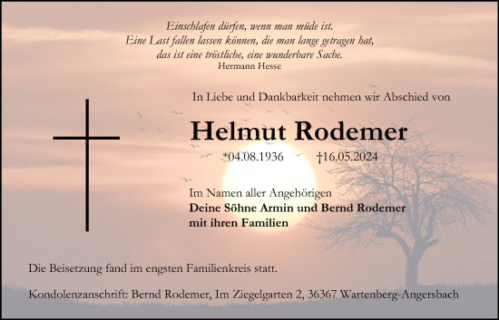 Traueranzeige von Helmut Rodemer von Lauterbacher Anzeiger