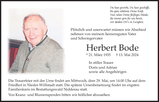 Traueranzeige von Herbert Bode von Wetterauer Zeitung