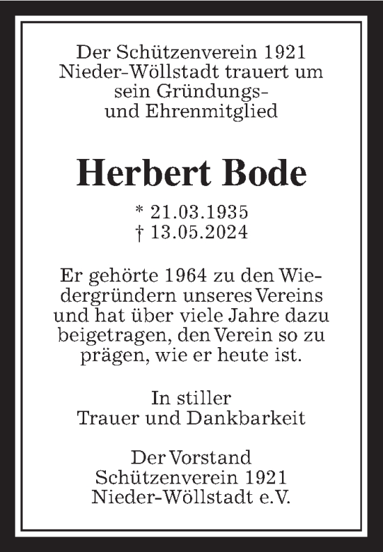 Traueranzeige von Herbert Bode von Wetterauer Zeitung