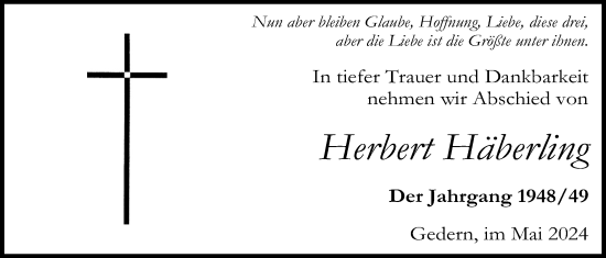 Traueranzeige von Herbert Häberling von Kreis-Anzeiger